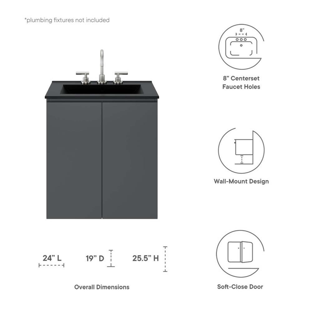 Modway Bryn 24″ Modern Wood/Ceramic Wall-Mount Bathroom Vanity in Gray/Black