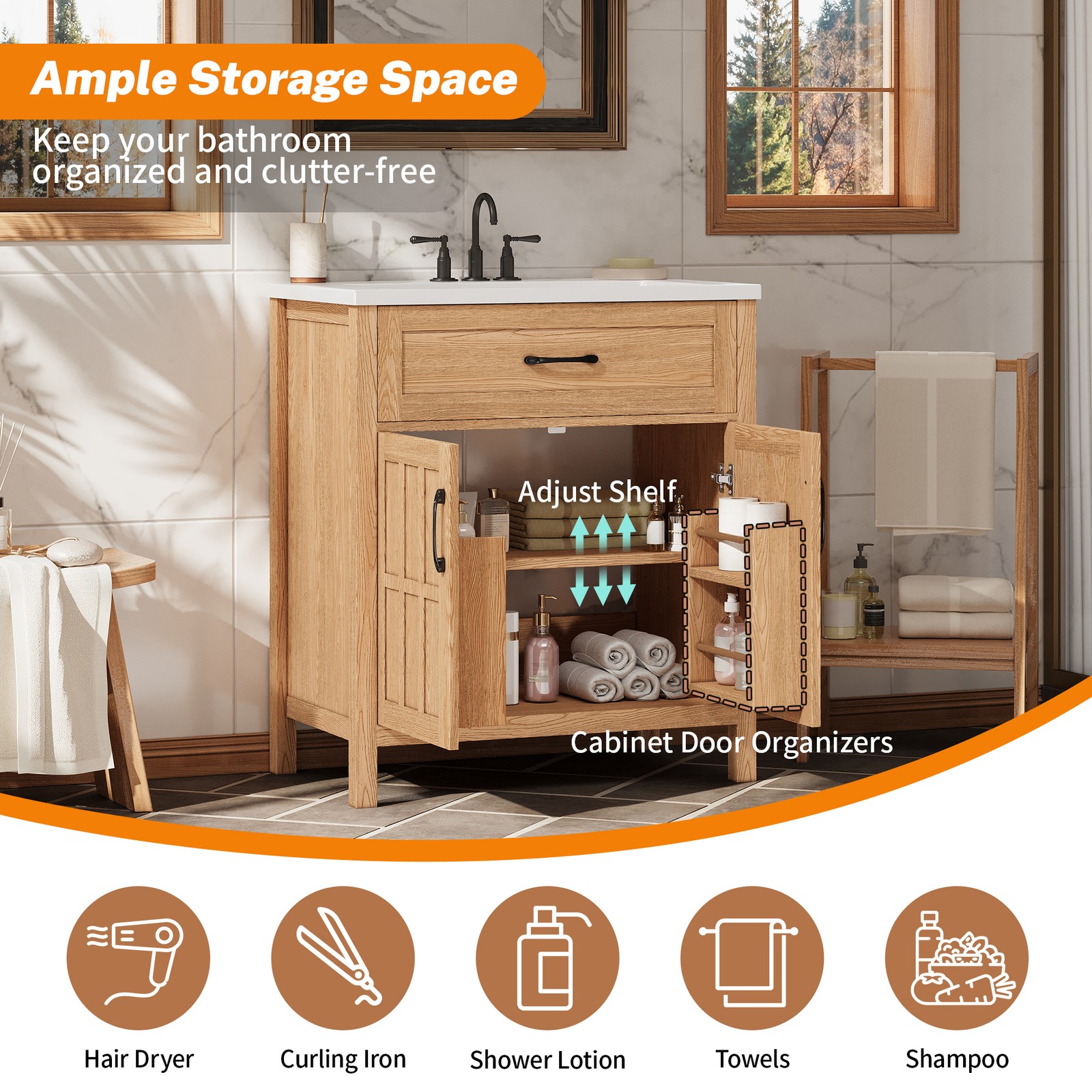30″ Bathroom Vanity with Resin Sink, Modern Wood Frame Bathroom Sink Cabinet