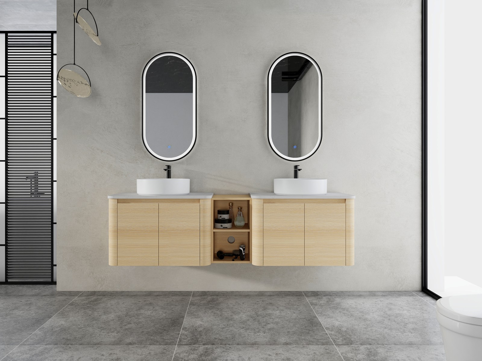 72″ Floating Bathroom Vanity W/ 2 White Ceramic Sink Stone Slab Top+Open Shelves