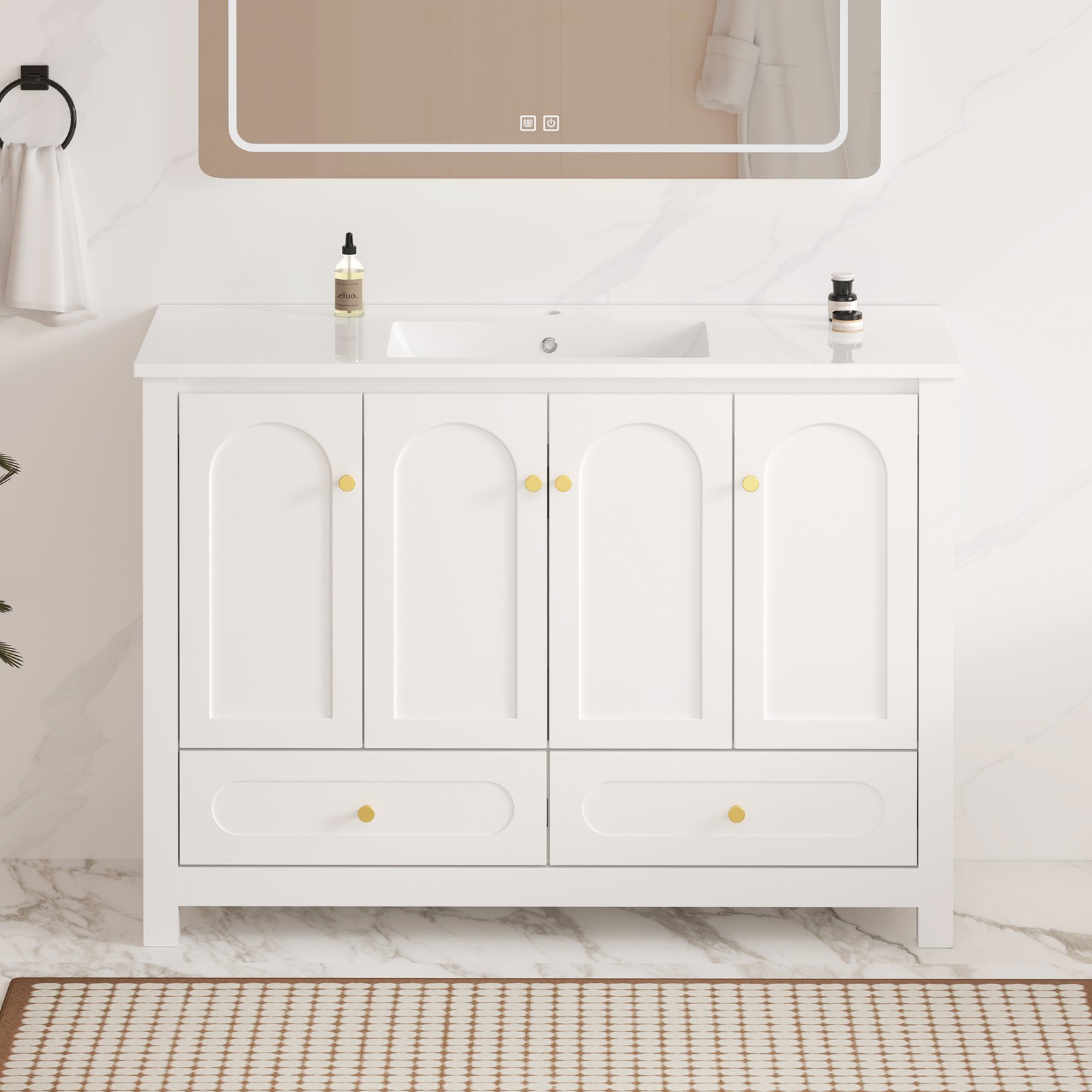 48 Inch White Bathroom Vanity with Resin Sink, 4 Doors 2 Drawers