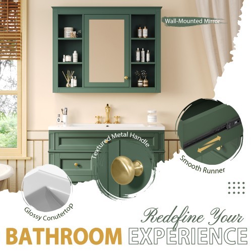 36” Blue Bathroom Vanity w/ Sink & Mirror Cabinet Storage Soft Close Doors