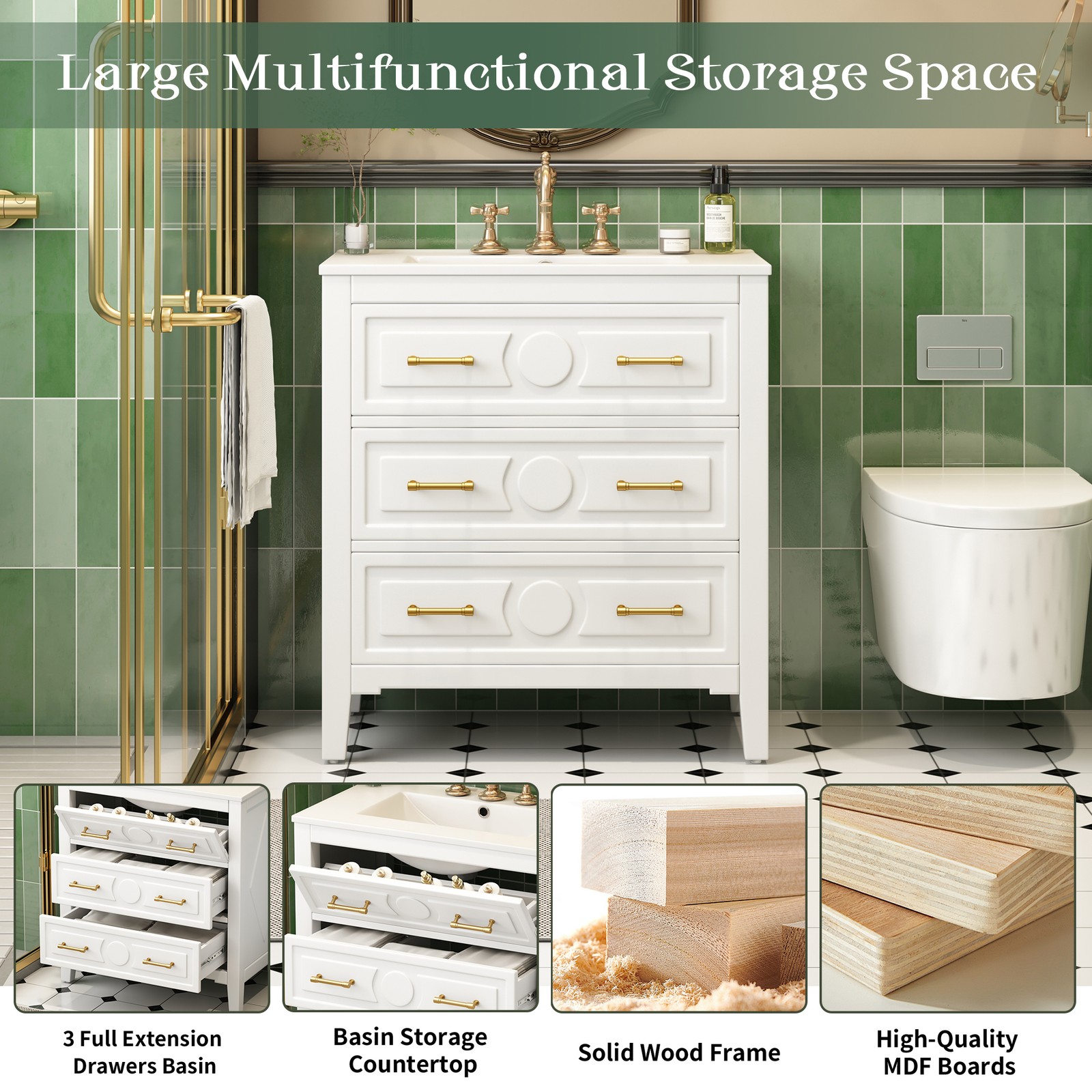 White 30″ Free Standing Bathroom Vanity w/ Ceramic Sink & 3 Drawers, Solid Wood