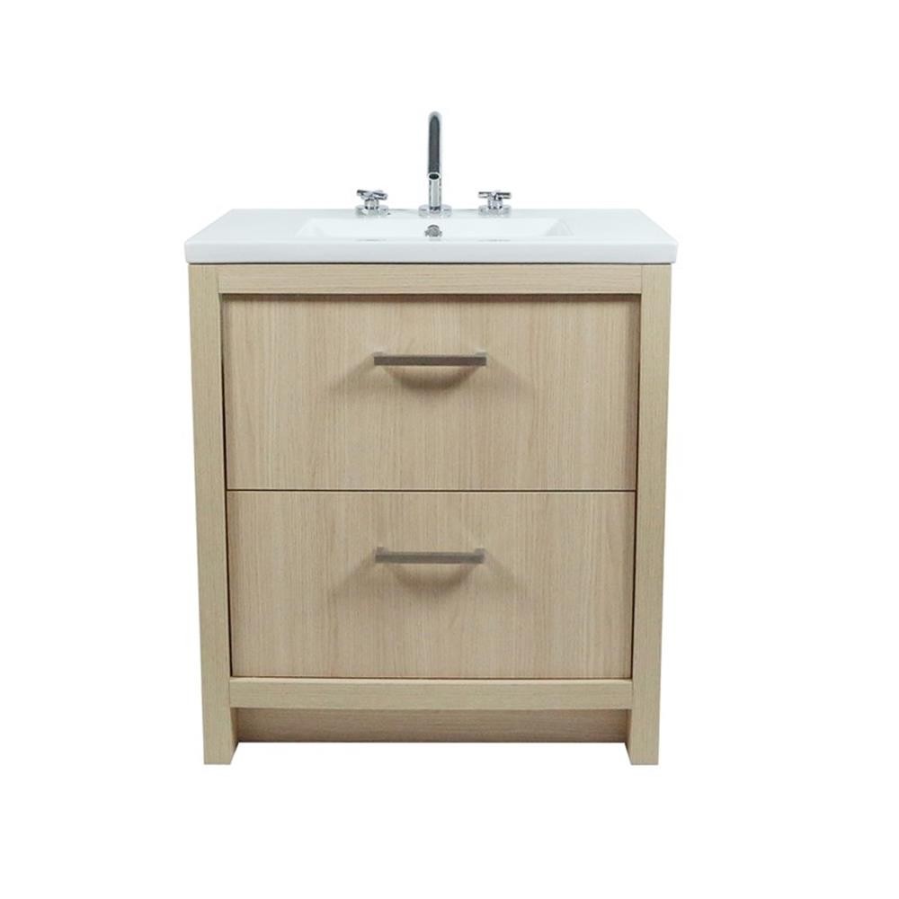 30″ Single Sink Vanity In Neutral Finish with White Ceramic Top