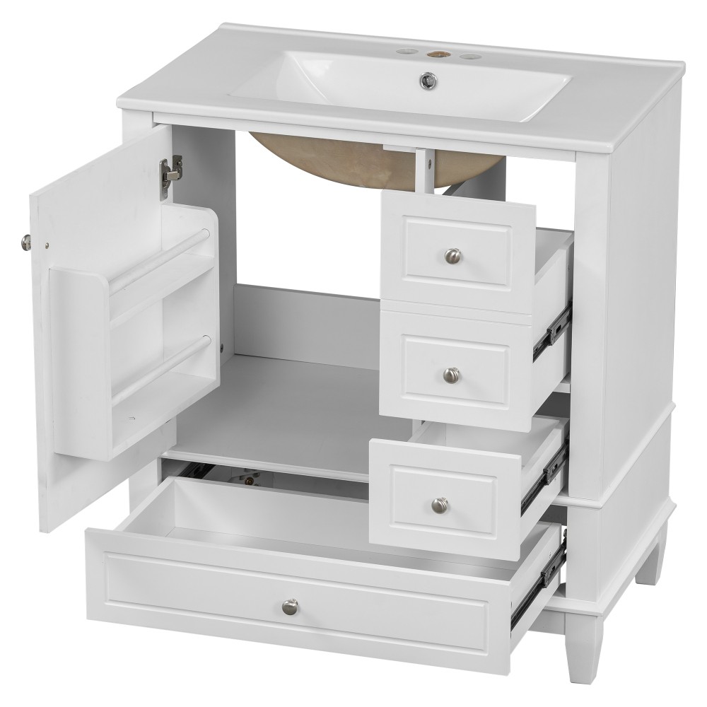30″ Bathroom Vanity with Sink, One Door with Shelf and Three Drawers