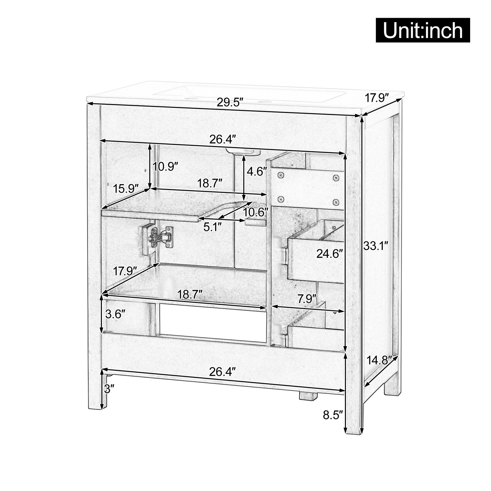 30″ Bathroom Vanity with Sink, 2 Doors & 2 Drawers, Solid Wood, Gray