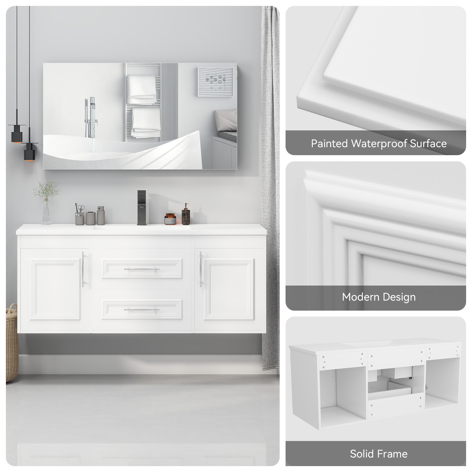 48″ White Wall Mount Floating Bathroom Vanity with Sink 2 Soft Close Drawers