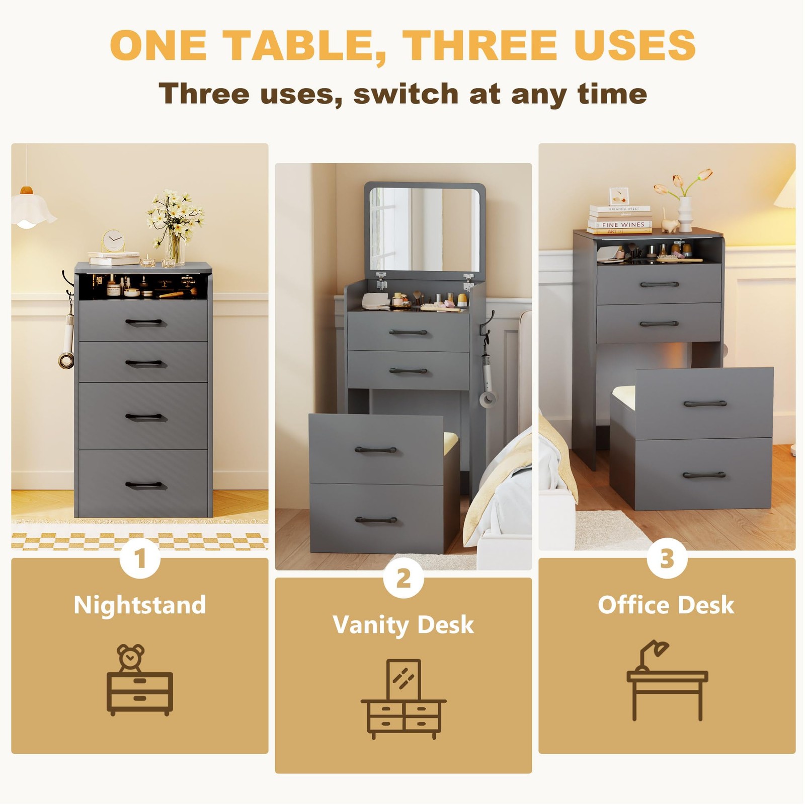 3-in-1 Vanity Desk Set with Mirror and Cushioned Stool Grey Makeup Dressing