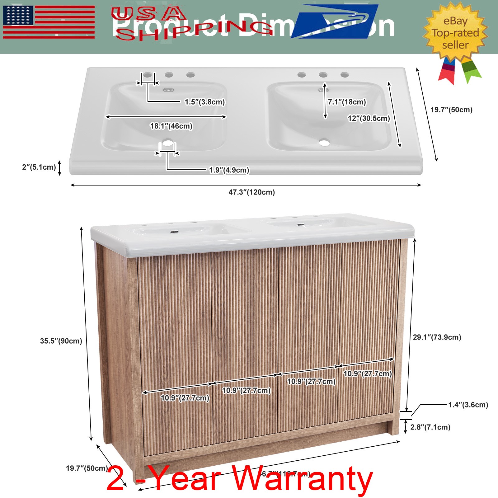 47.3″ Bathroom Vanity Set Double Sink Ceramic Freestanding Cabinet Wood Grain