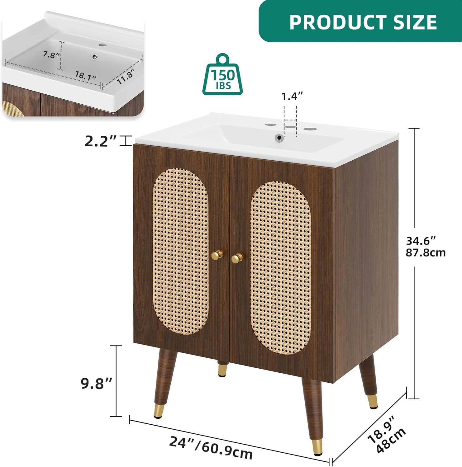 24″ Walnut Rattan Bathroom Vanity with Sink & Soft-Close Doors, Boho Style