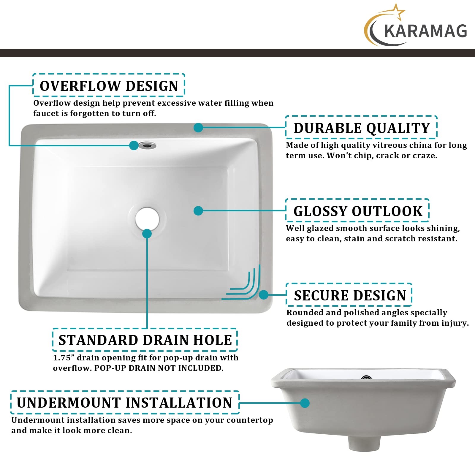 16 Inch Undermount Bathroom Sink Small Rectangle Undermount Sink White Cerami…