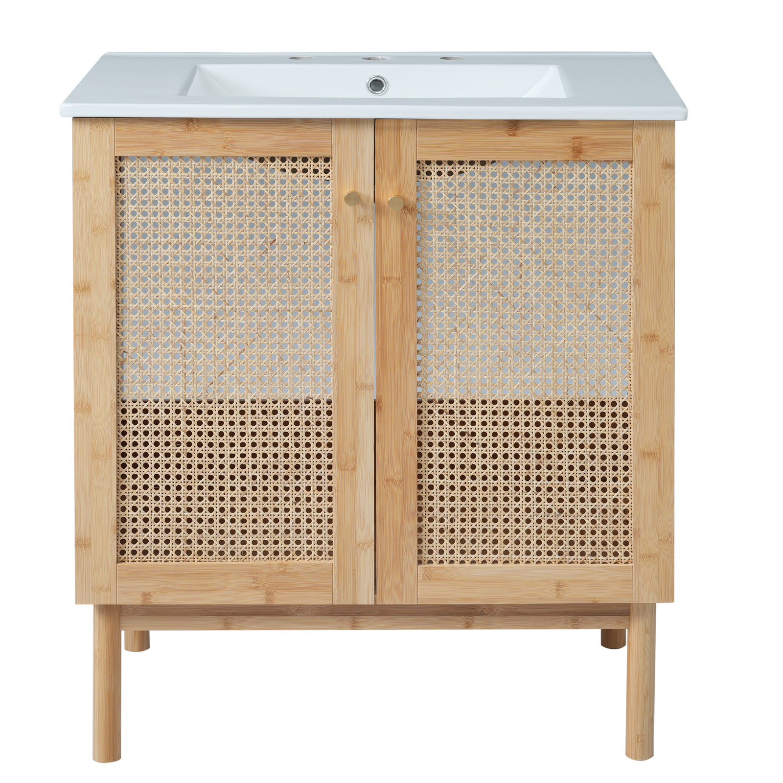 30″ Bathroom Vanity w/ Sink, Freestanding Vanity Storage Cabinet, 2 Rattan Doors