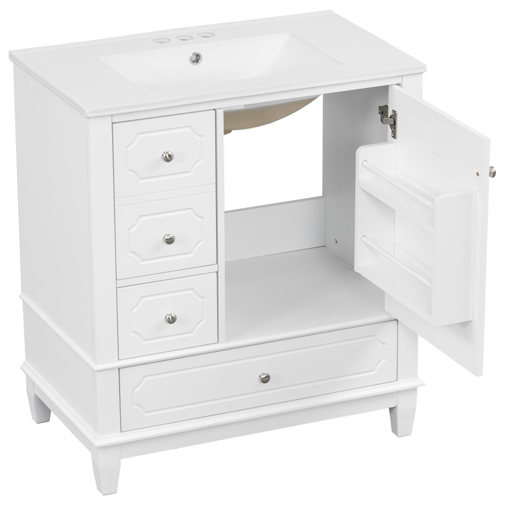 30″Bathroom Vanity with Sink Freestanding White Vanity Cabinetwith Ceramic Basin