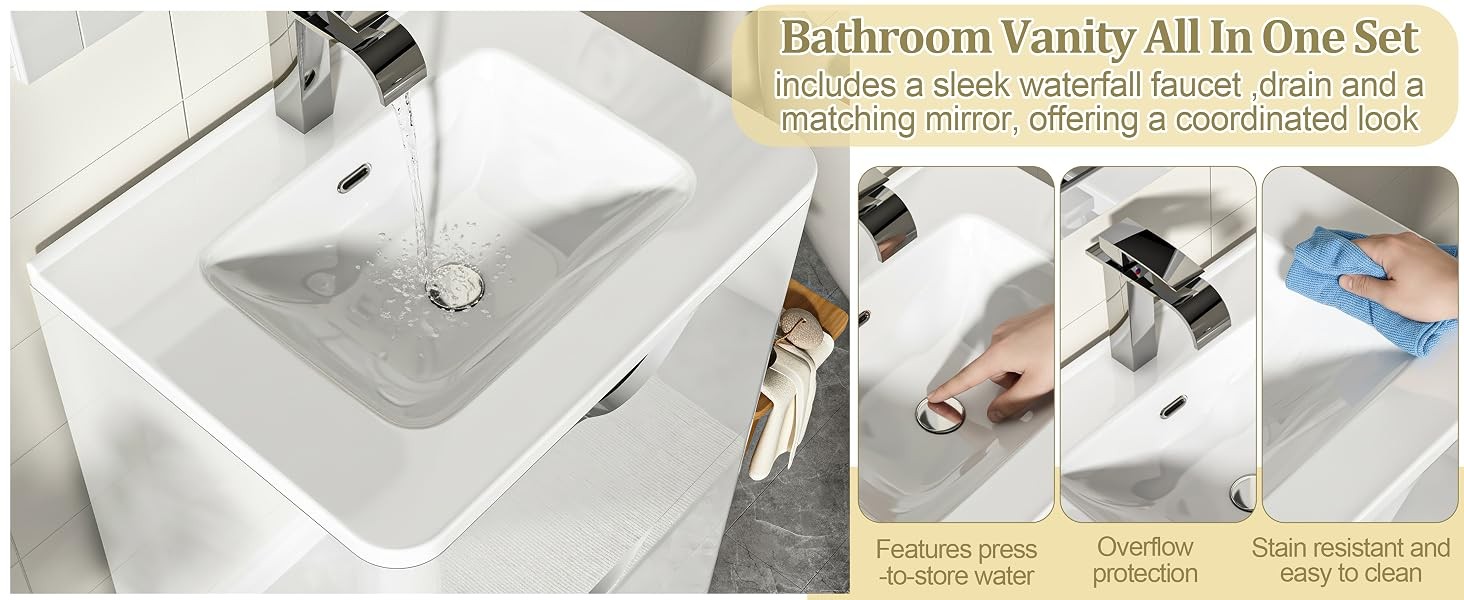 24″ Modern High Gloss Bathroom Vanity with Sink Combo,Mirror, Faucet Set,