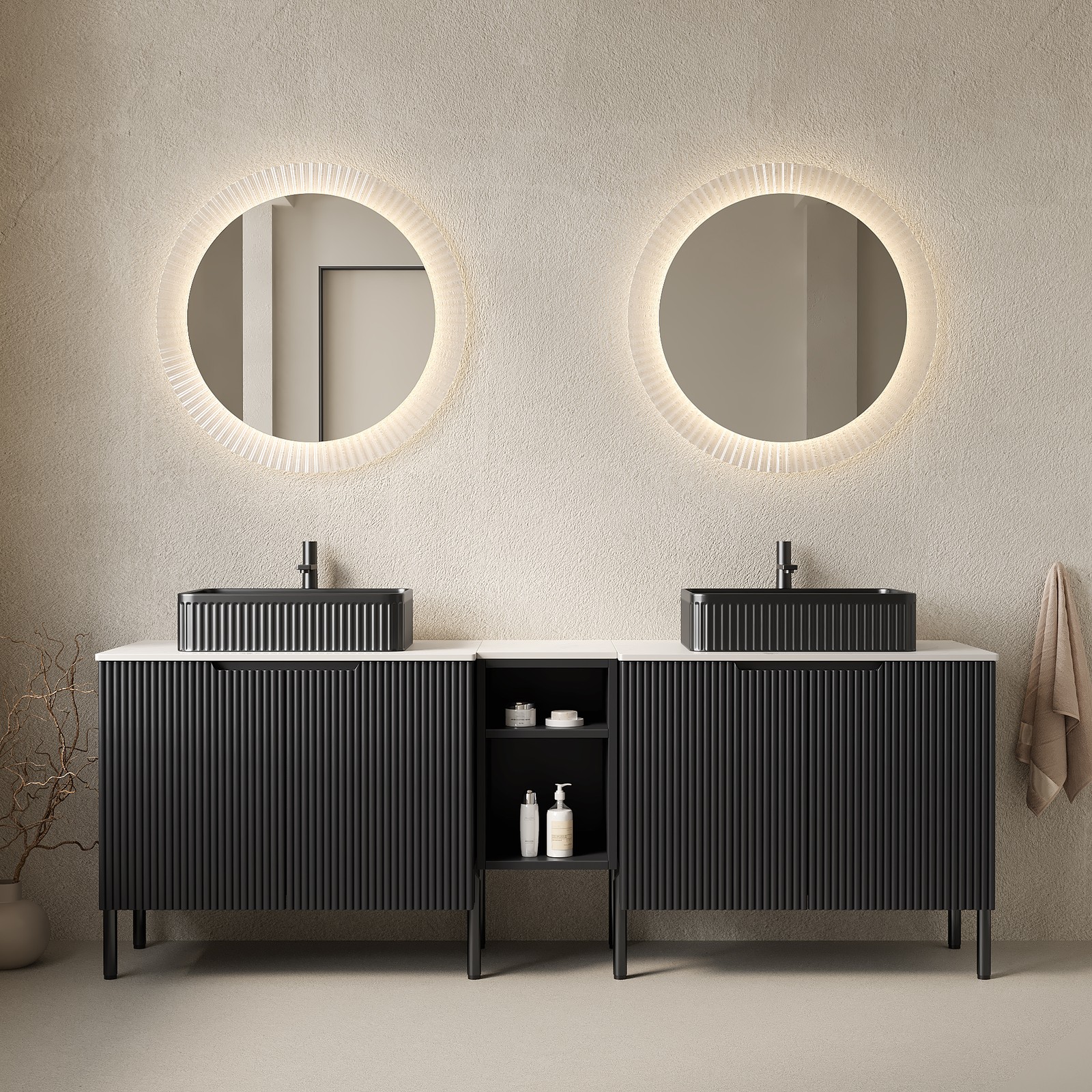 72″ Freestanding Double Bathroom Vanity with 2 Sinks Black Carrara White