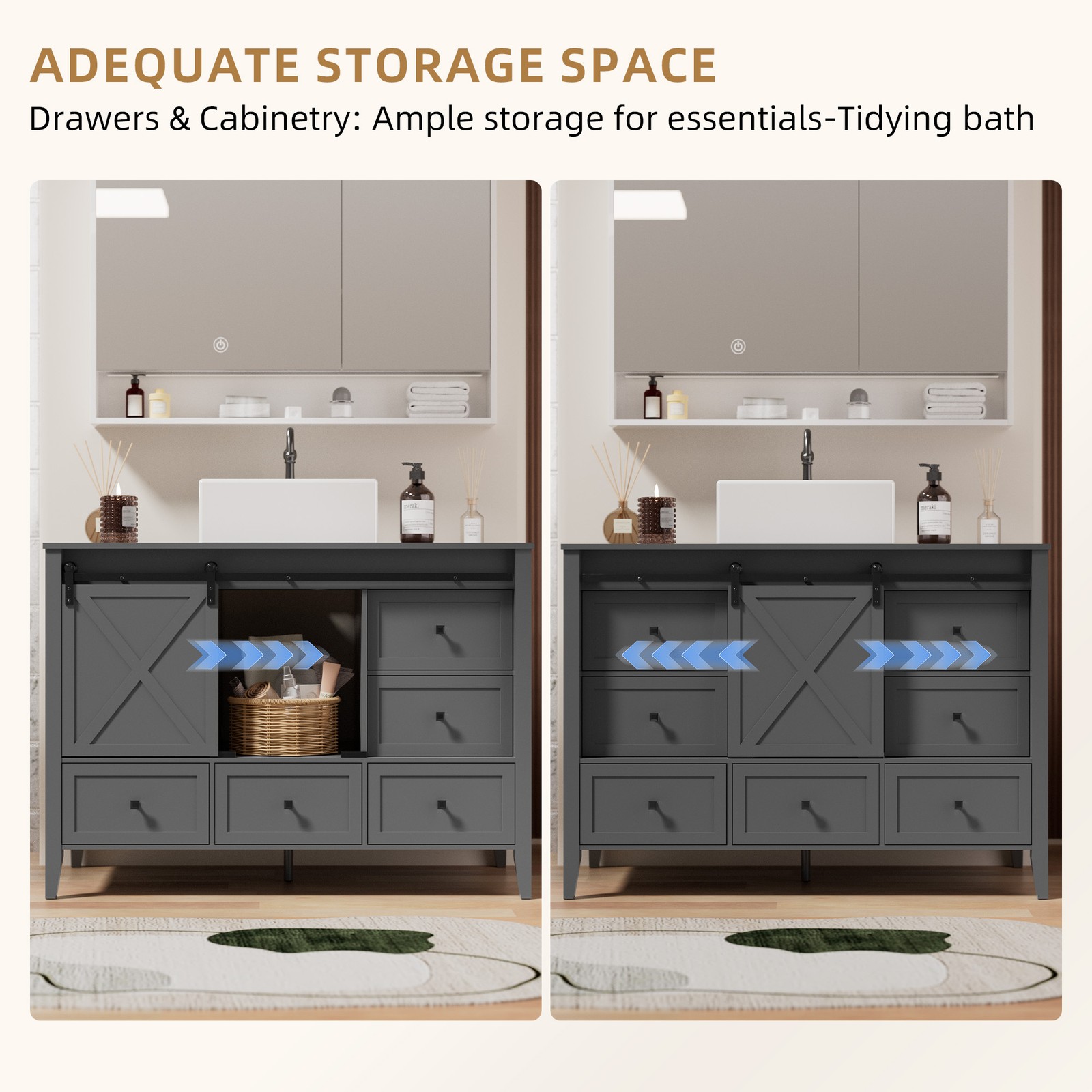 48″ Bathroom Vanity Sink Ceramic Freestanding 7Drawers Space-Saving Cabinet Grey