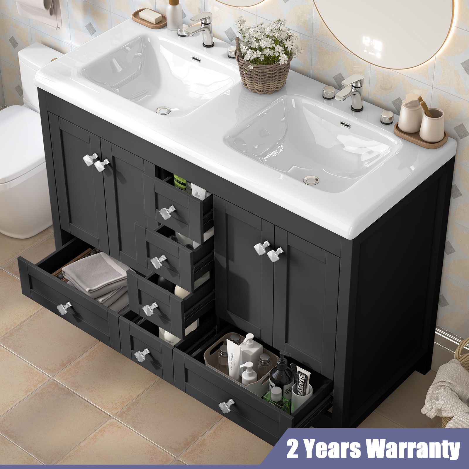 47″ Modern Freestanding Bathroom Vanity w/ Double Sink Ceramic Organizer Cabinet