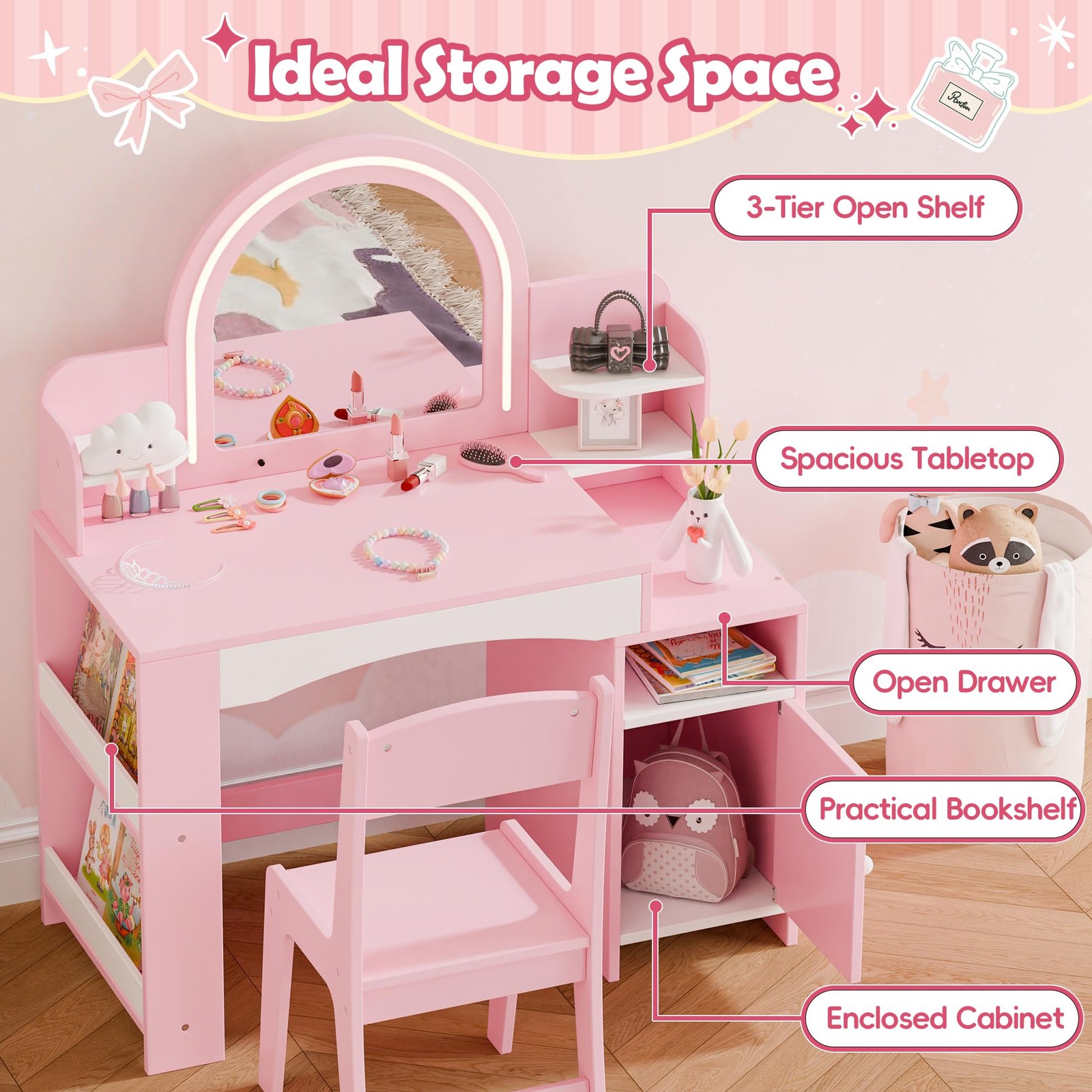 Kids Vanity Lights Princess Makeup Desk 2in1 Table Chair Set Lighted Mirror Pink