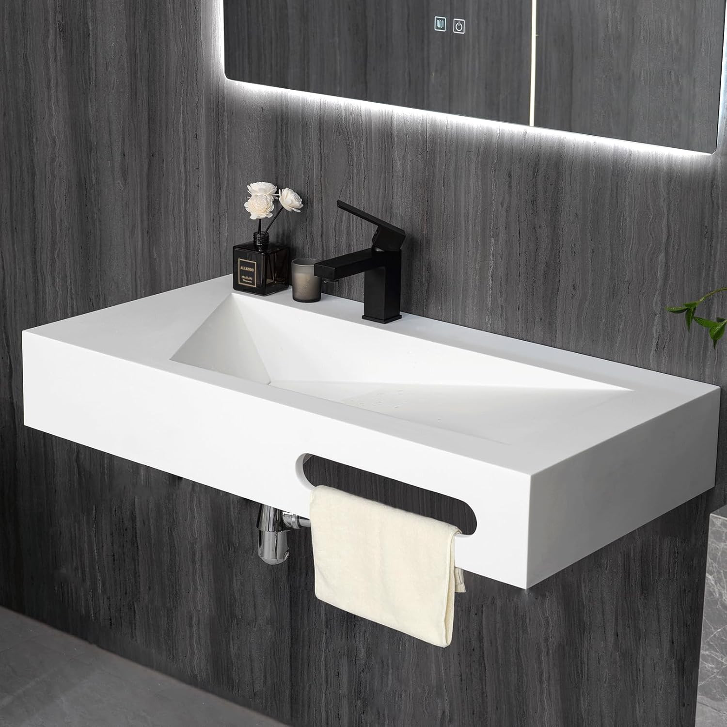 32″ Wall Mount Bathroom Vanity with White Stone Resin Vessel Sink