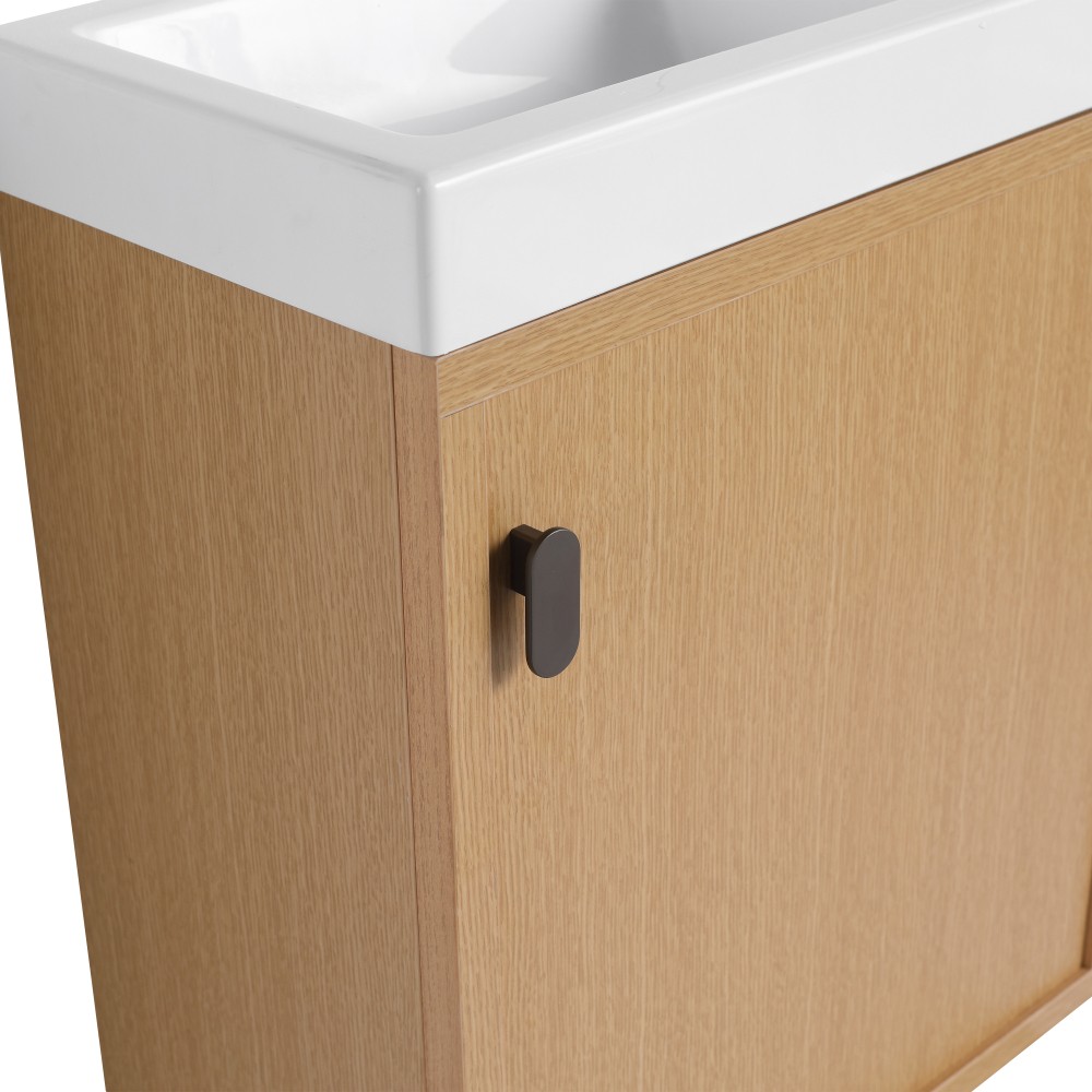 18.5-inch wall-mounted bathroom vanity overhangs to save space