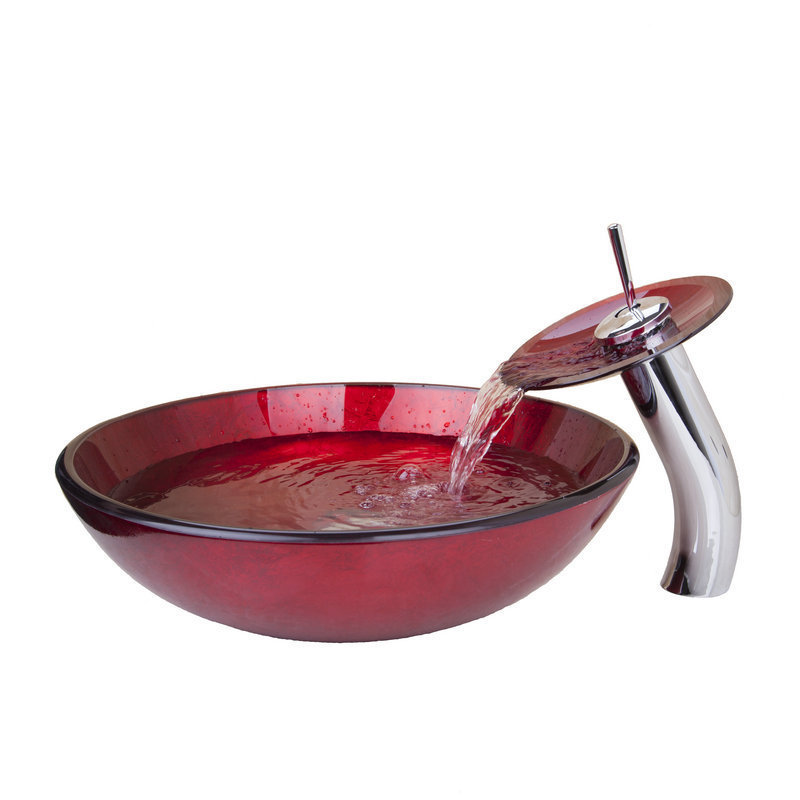 Bathroom Red Round Tempered Glass Basin Set Vessel Vanity Sink Bowl With Faucet