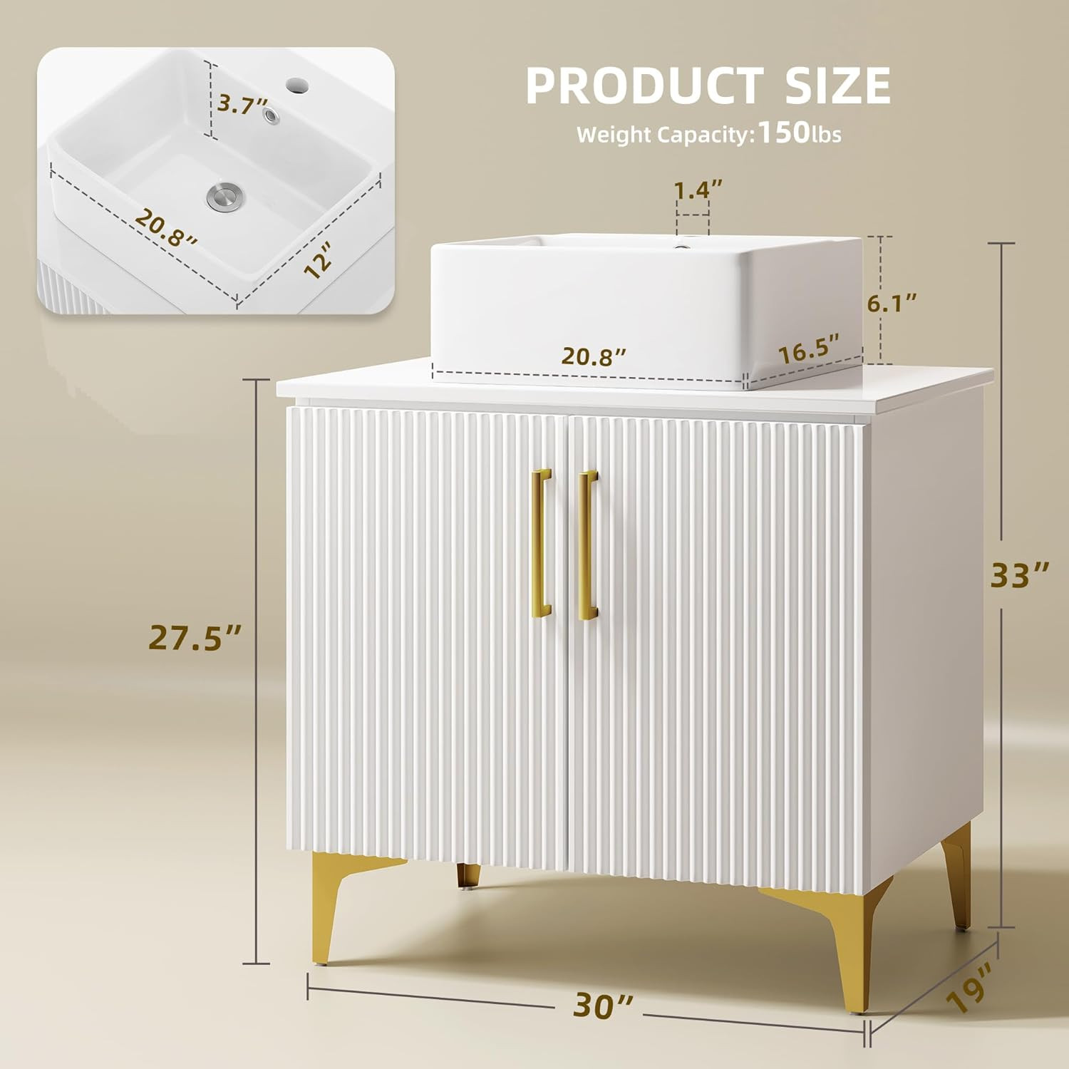 30″ Modern Bathroom Vanity with Ceramic Sink & Gold Handles, Soft Close Doors