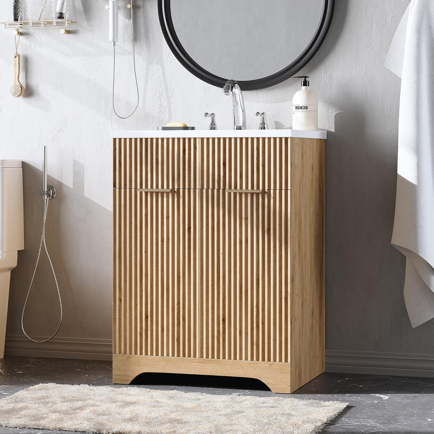 Mid Century Modern 25″ Fluted Bathroom Vanity with Ceramic Sink Cabinet | LINLUX