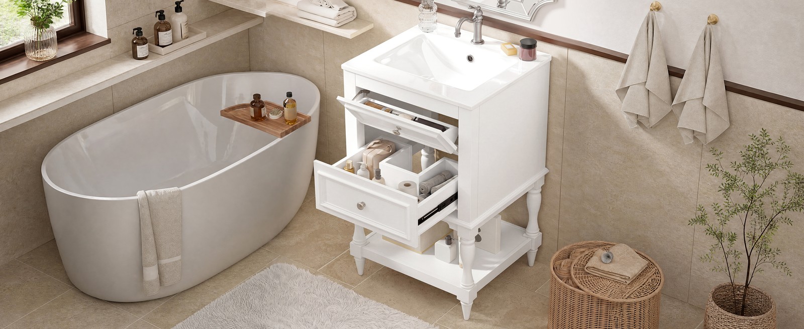 20″ Bathroom Vanity with Ceramic Sink, 2 Drawers & Open Shelf, Retro Design