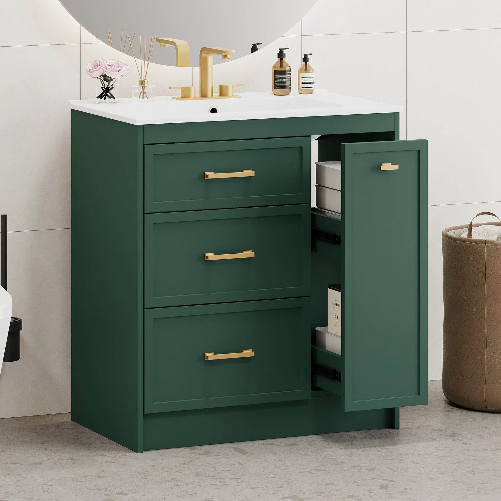 30″ Bathroom Vanity Set Floor Standing Bathroom Storage Cabinet w/Three Drawers