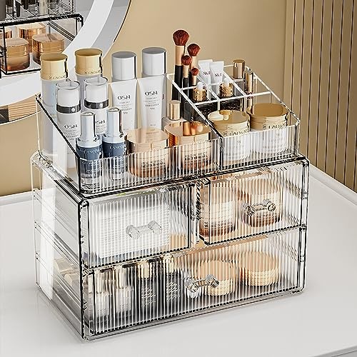 Stackable Cosmetic Organizer, Acrylic Cosmetic (1 Base, 2 Drawers) with Top