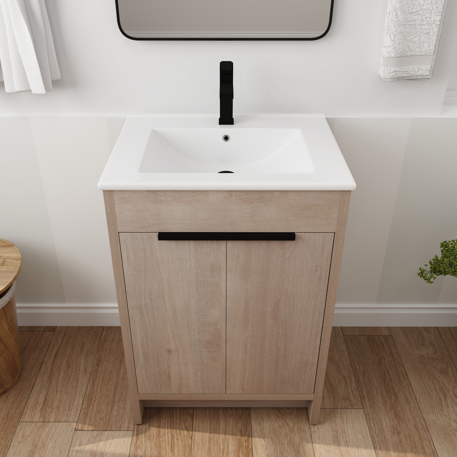 24in Wooden Freestanding Bathroom Vanity Ceramic Sink +2Doors +Adjustable Shelf