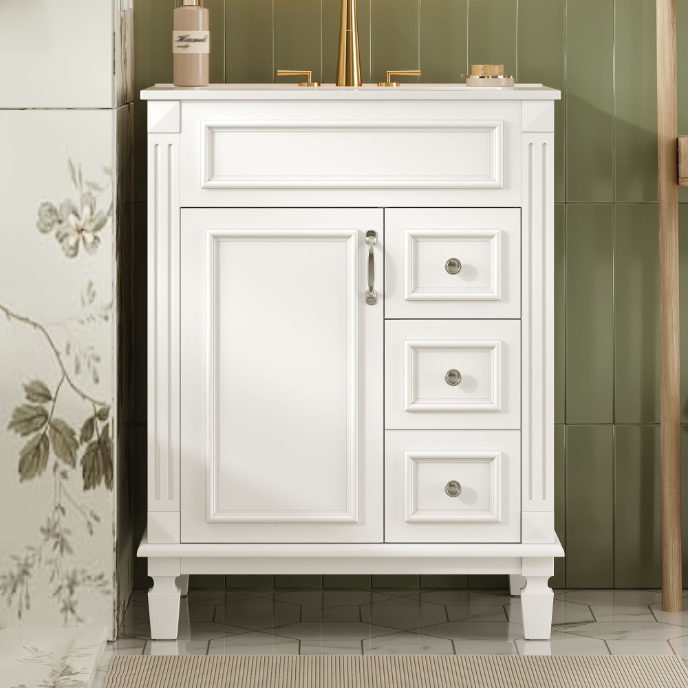 24″ Bathroom Vanity, Ceramic Sink, 2 Drawers, Adjustable Shelf