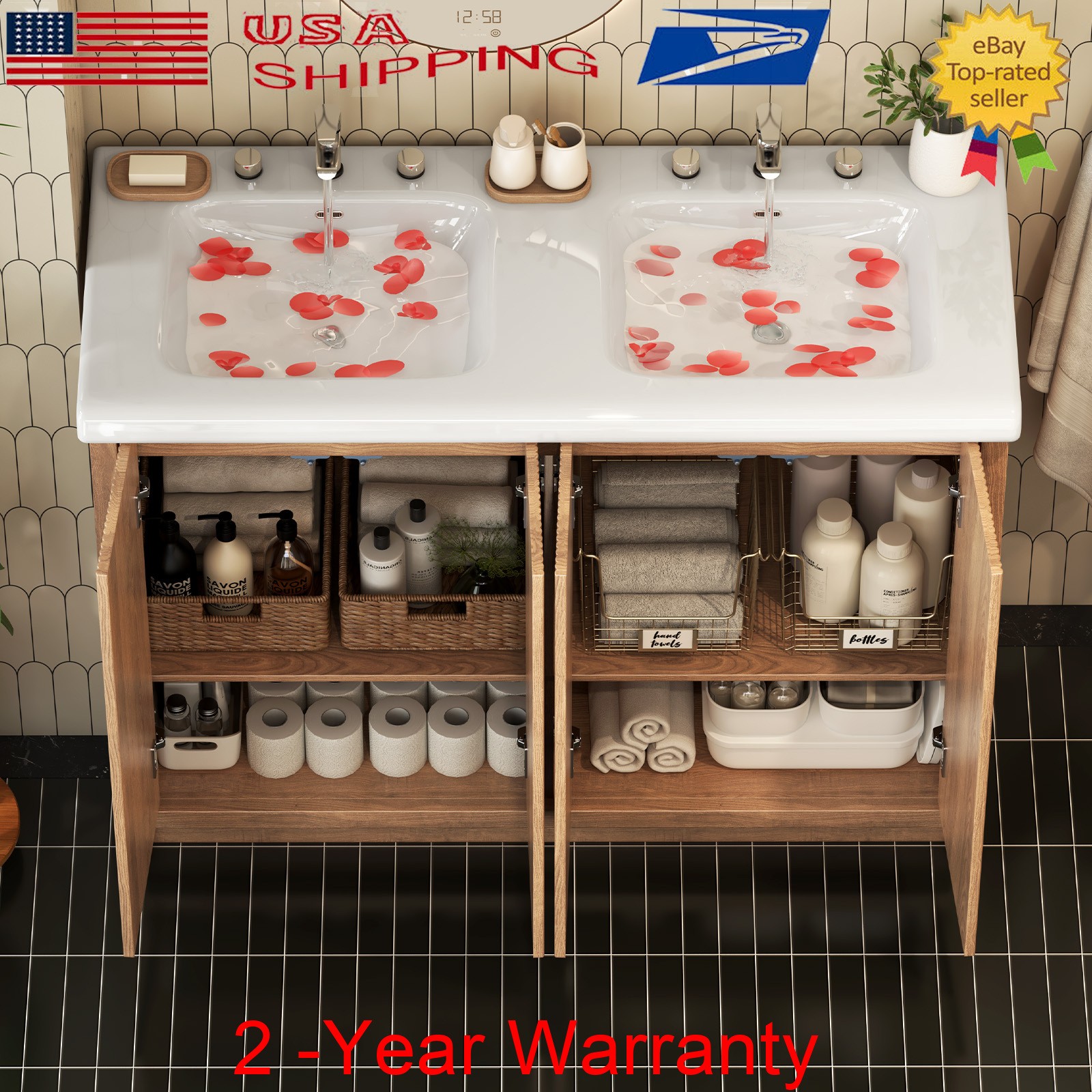 47.3″ Bathroom Vanity w/ Double Sink Storage Cabinet Set with Doors FreeStanding