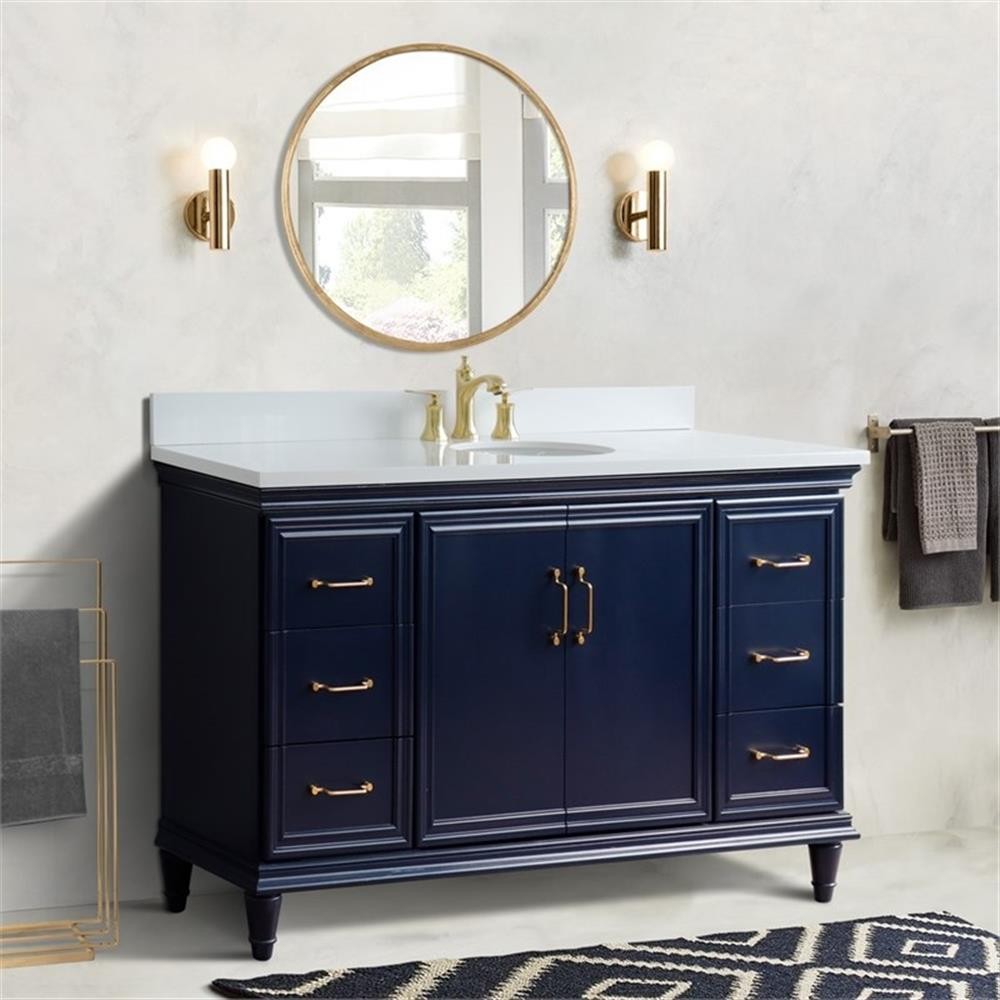61 in. Single Wooden Vanity Blue White Quartz Oval Sink