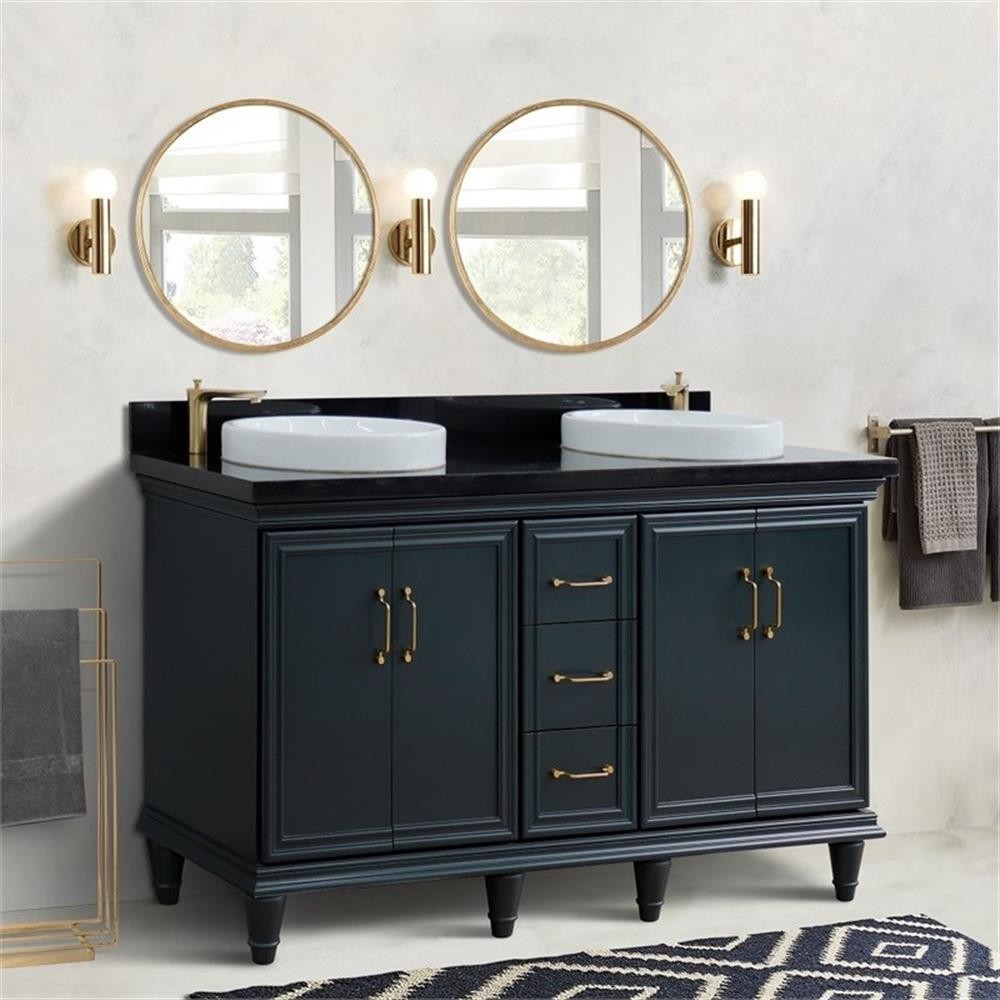 61 in. Double Wooden Vanity Dark Gray Black Galaxy Granite Round Sink