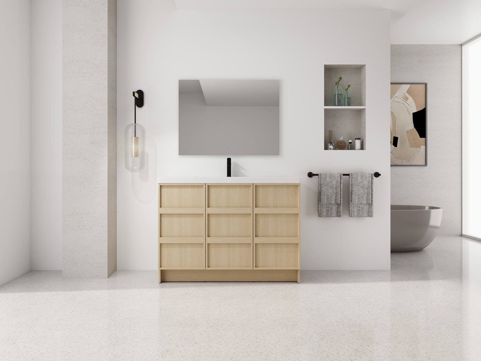 48 Inch Plywood Freestanding Bathroom Vanity Cabinet 3 Doors With Resin Sink Oak
