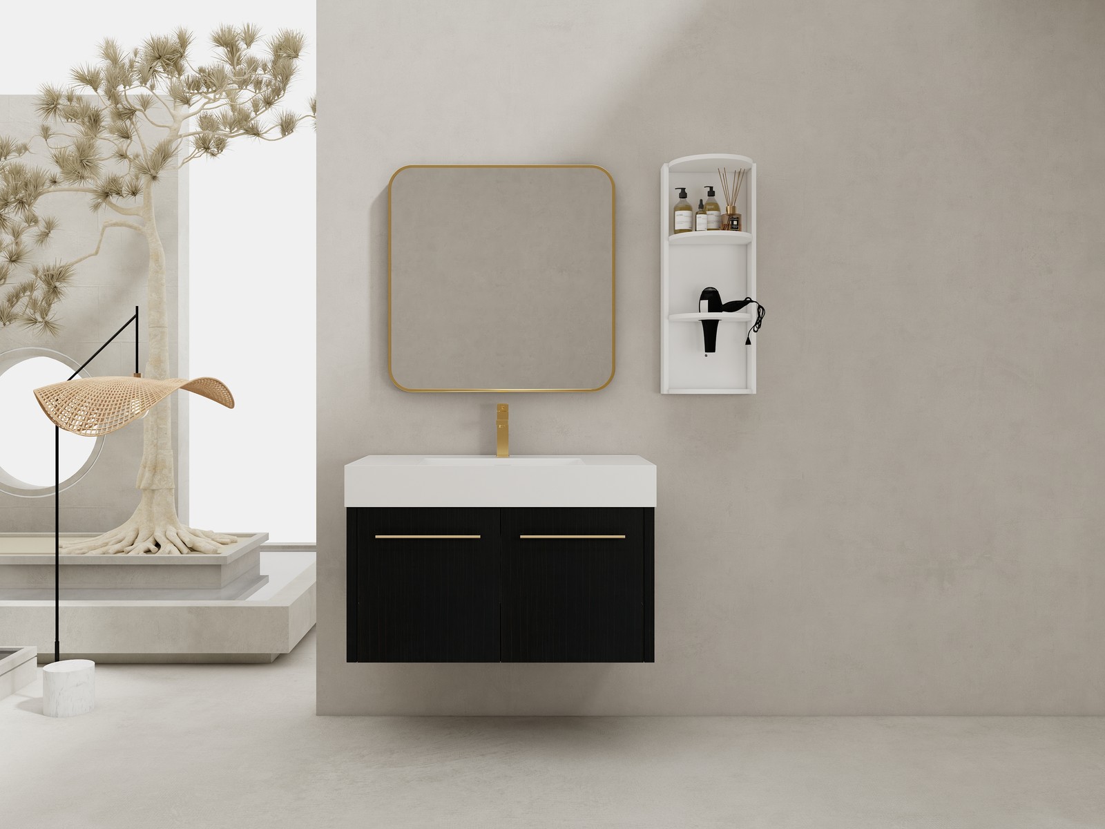 36 Inch Plywood Wall-Mounted Bathroom Vanity with Resin Sink + Side Storage Rack
