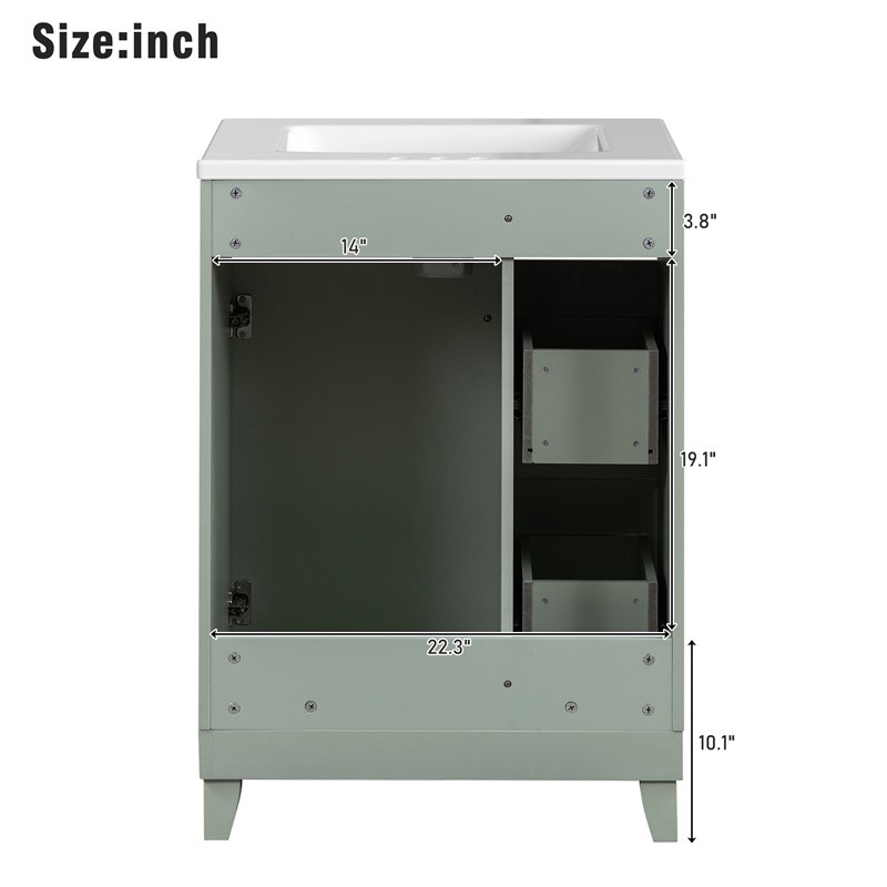 24″ Green Bathroom Vanity Cabinet with Ceramic Sink,2 Drawers,1 Soft-Close Door