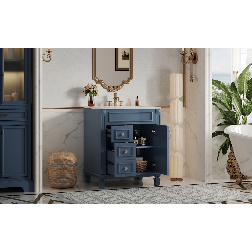 24 Inch Modern Blue Bathroom Vanity with Ceramic Sink Solid Wood MDF Cabinet