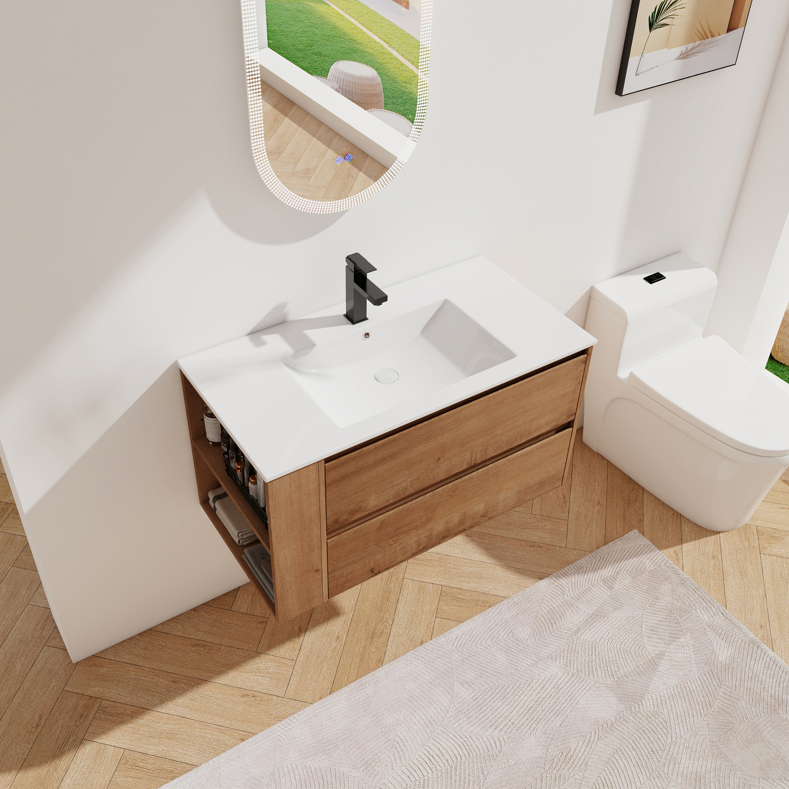 36inch Wooden Floating Wall Mounted Bathroom Vanity W/ Side Shelf Ceramic Sink