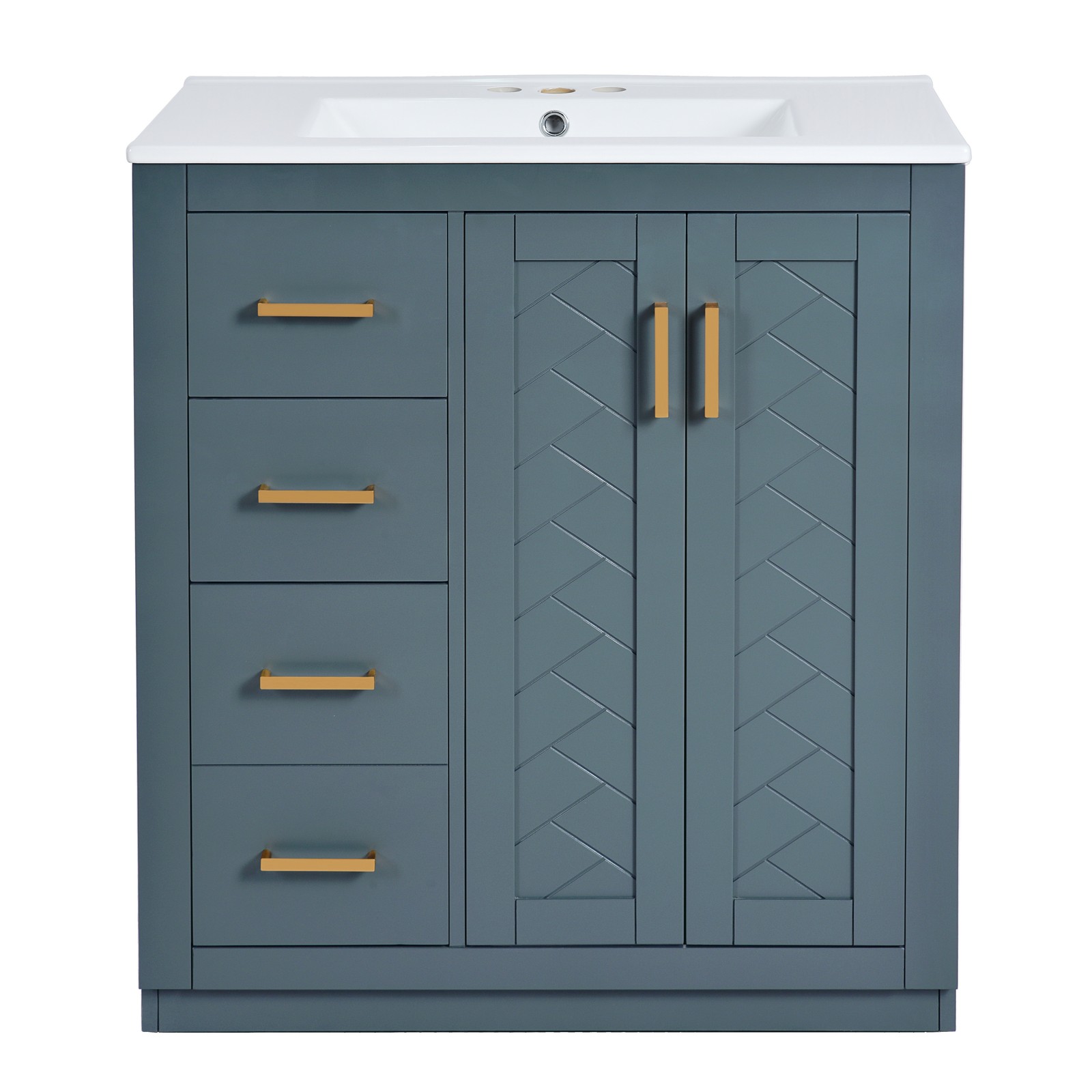30″ Bathroom Vanity w/Ceramic Sink, 3 Drawers, Freestanding Bath Vanity Cabinet