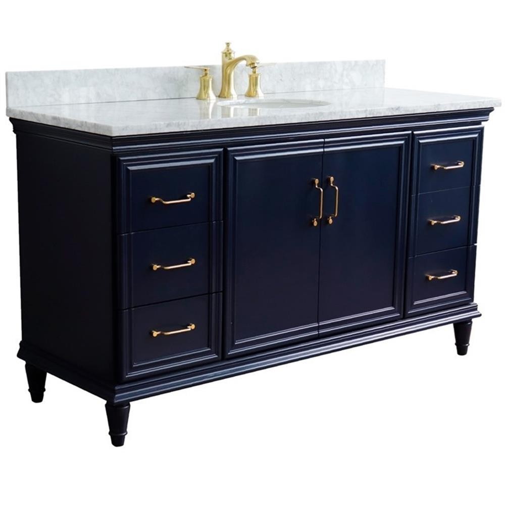 61 in. Single Wooden Vanity Blue White Carrara Marble Oval Sink