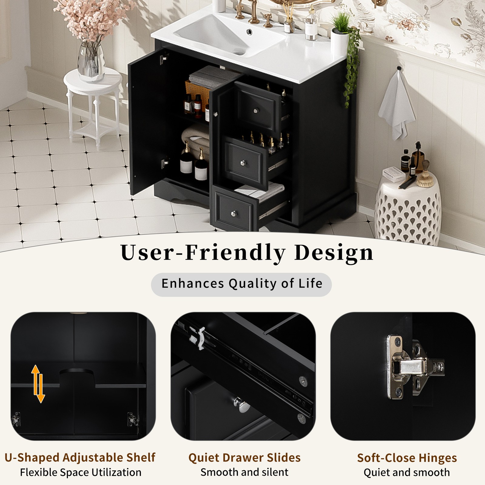 36 Inch Transitional Bathroom Vanity with Ceramic Sink, Black