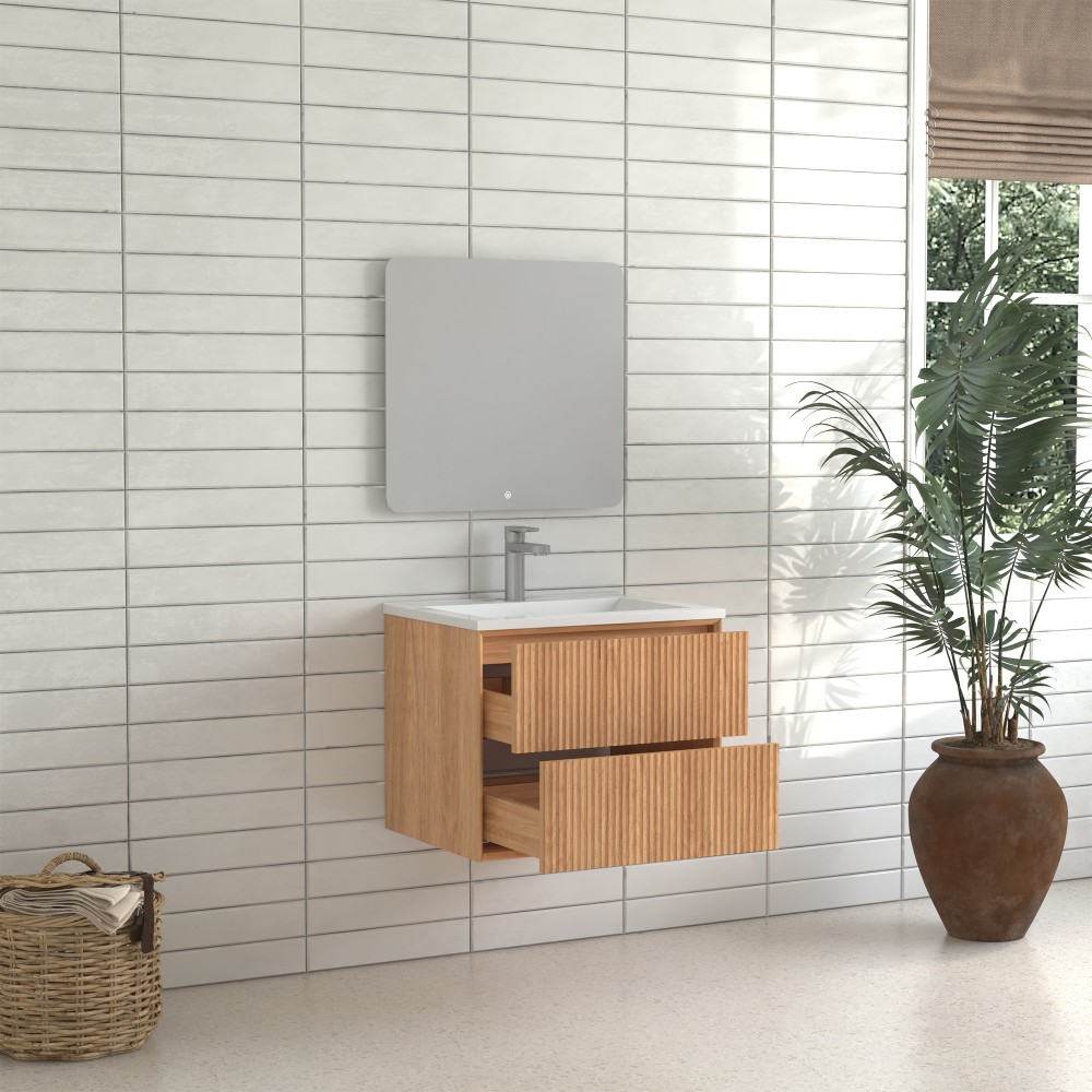 24 Inch Walnut Floating Bathroom Vanity Wall Mounted Solid Wood Cabinet