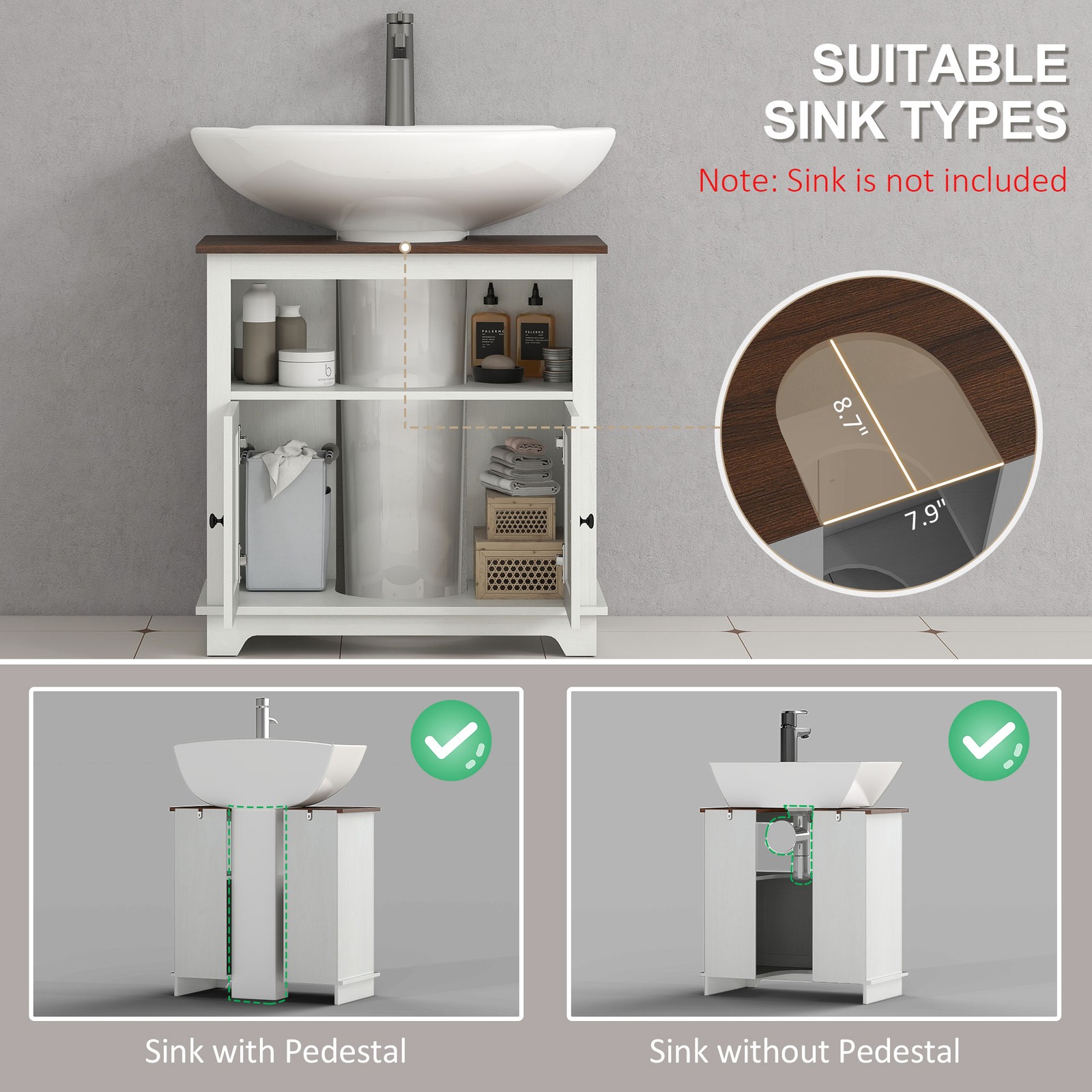 Bathroom Sink Cabinet, Pedestal Sink Storage Cabinet with Doors, White