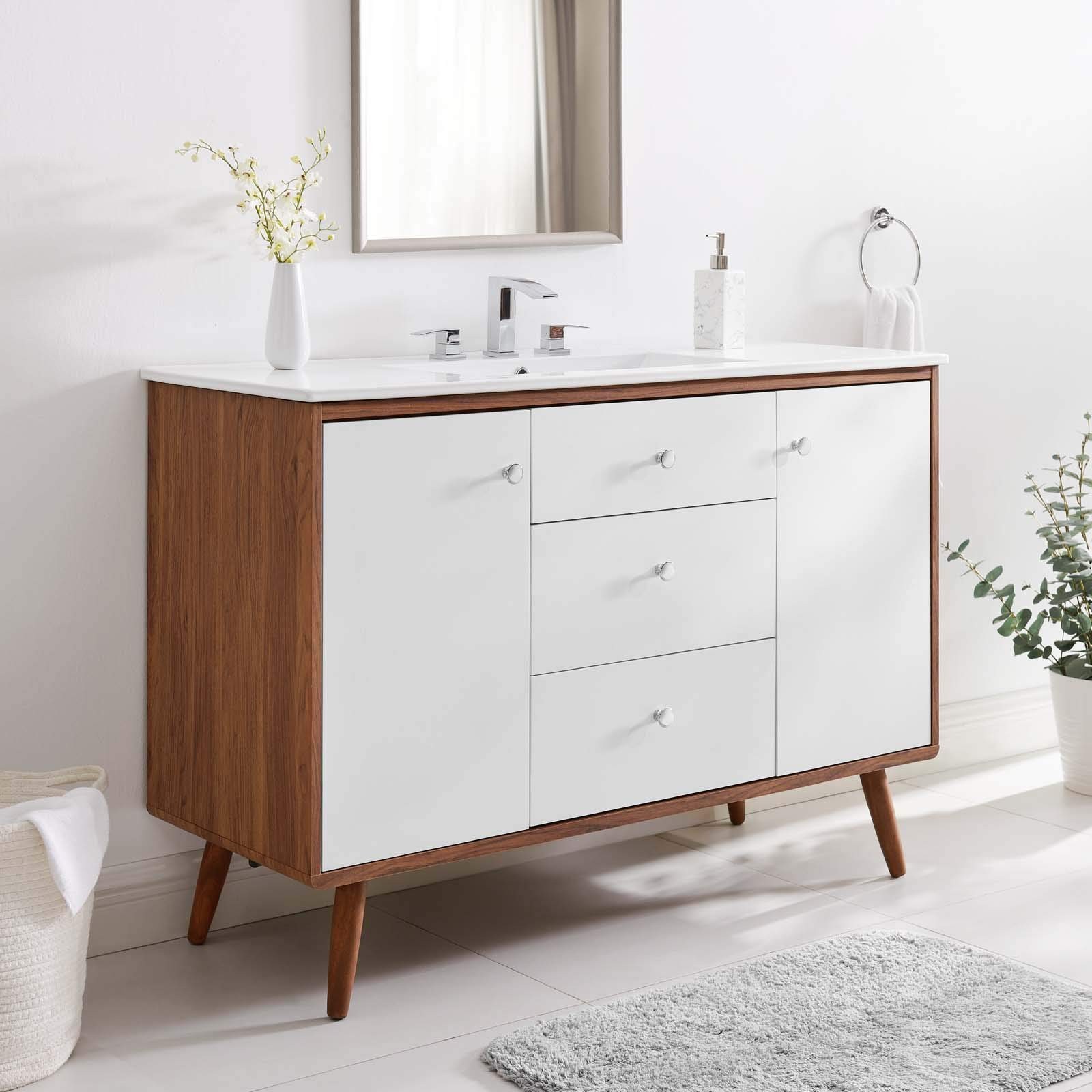 Modway Transmit 47″ Modern Wood Single Sink Bathroom Vanity in Walnut/White