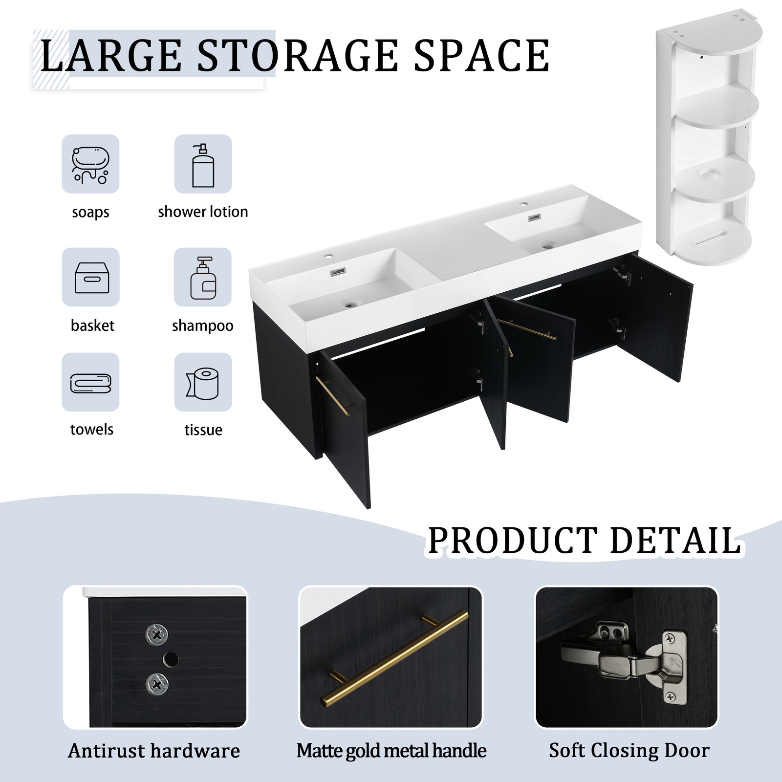 60 In Floating Wall-Mounted Bathroom Vanity Cabinet W/ Double Resin Top Basin