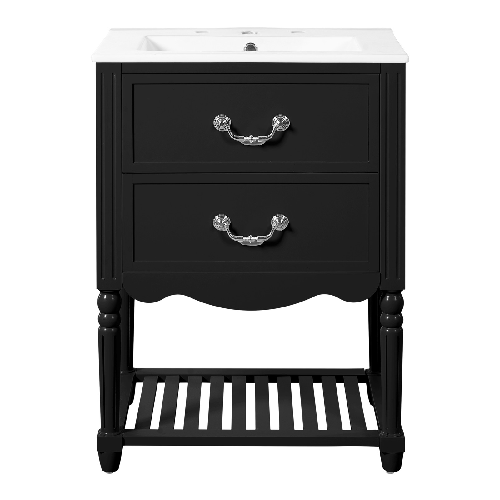 FUNIDEE 24″ Vintage Bathroom Vanity Storage Cabinet with Ceramic Sink Black