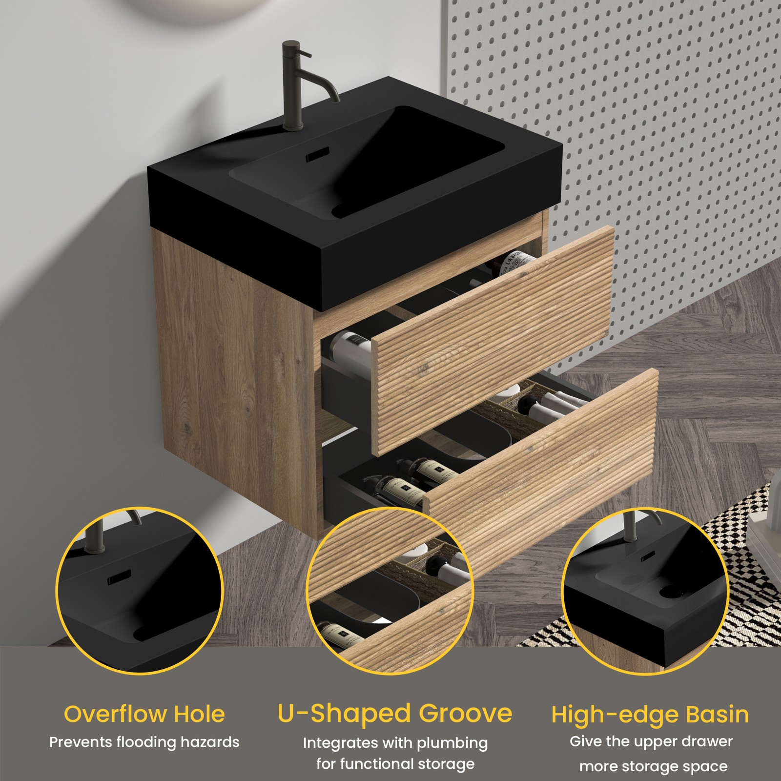 24″ Rough Oak Floating Bathroom Vanity with Black Sink & Drawers