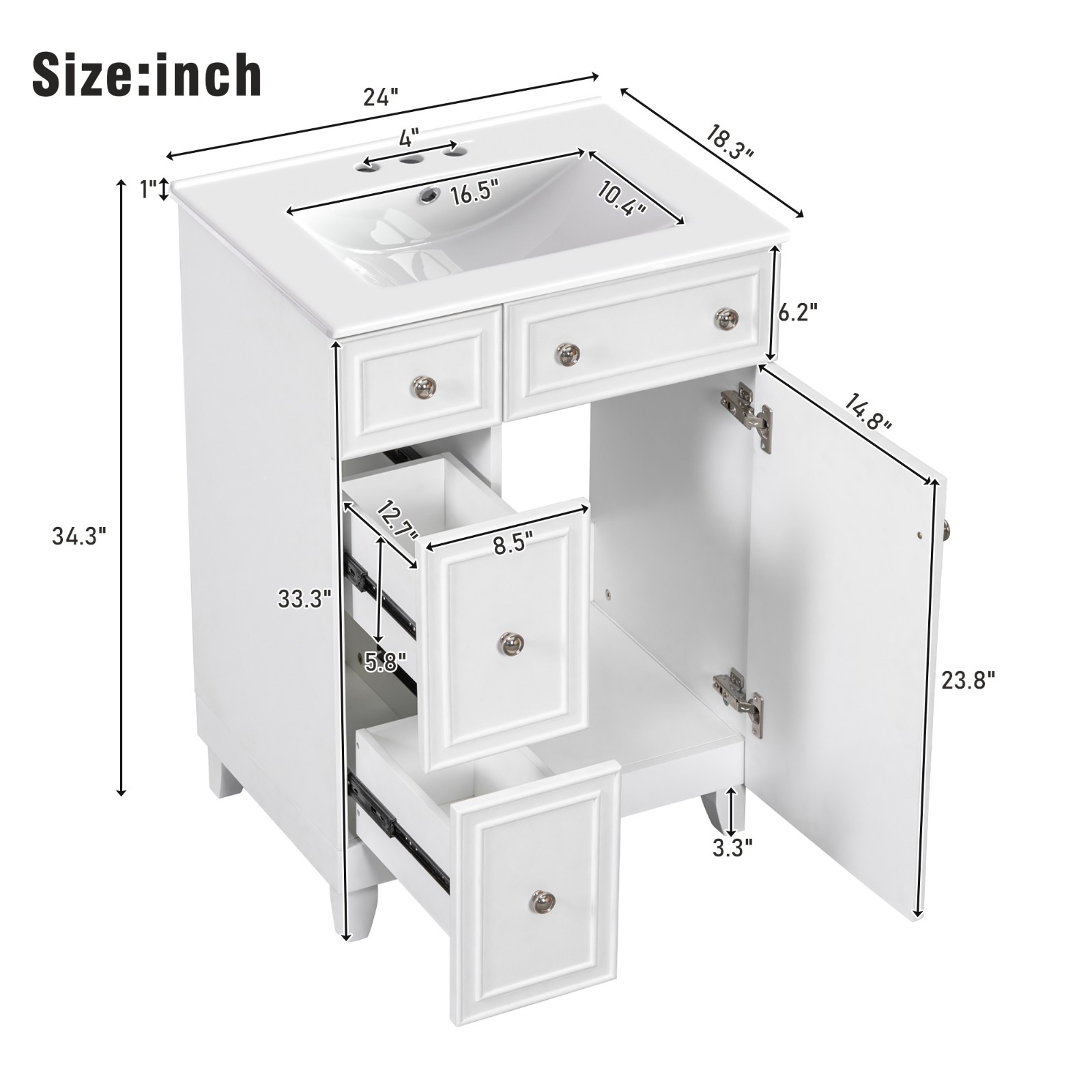 White Vanity for Bathroom 24″ Floor Standing Single Sink Unit with Storage Space