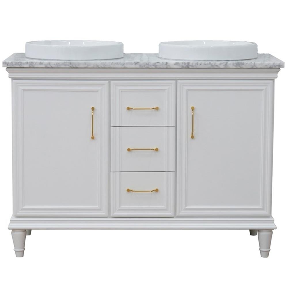 49 in. Double Wooden Vanity White with White Carrara Round Sink